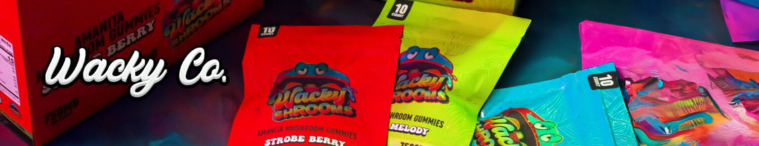 Wacky Co logo with Mushroom Gummies laying on table