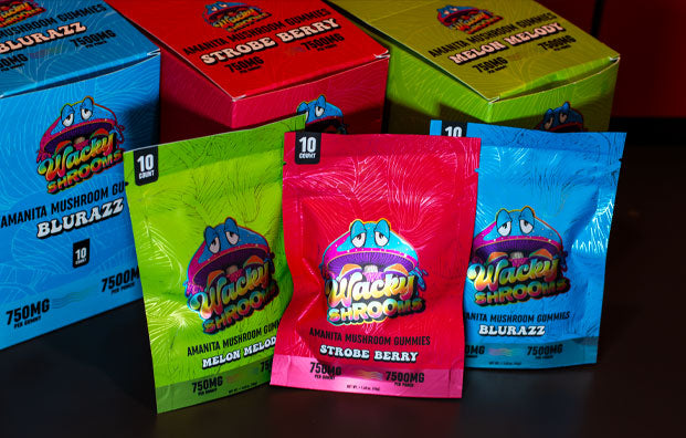 Wacky Shroom Gummies sitting with packaging on black table