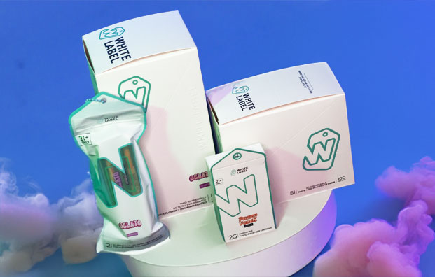 White Label products on circular white platform with colorful smoke nearby