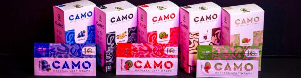Wholesale Camo Wraps flavors on black and white textured wall in studio background