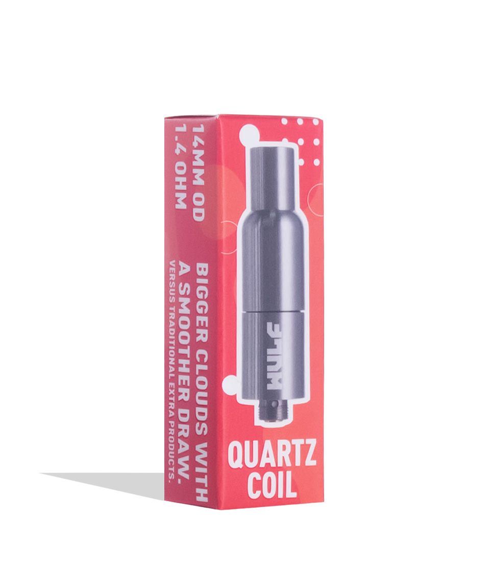 wulf mods quartz coil concentrate tank silver 510 threaded wax cartridge individual box on a white background