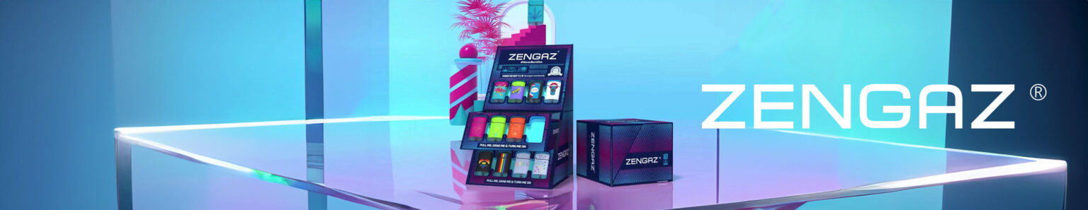 Zengaz Banner Brand Story with zengaz lighters on glass display with blue and purple lighting