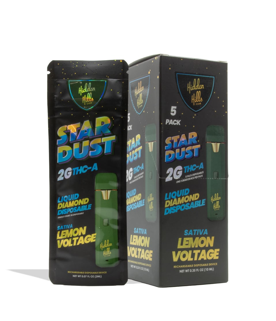 Hidden Hills Stardust 2g Liquid Diamond THC-A Disposable 5pk Lemon Voltage on white background