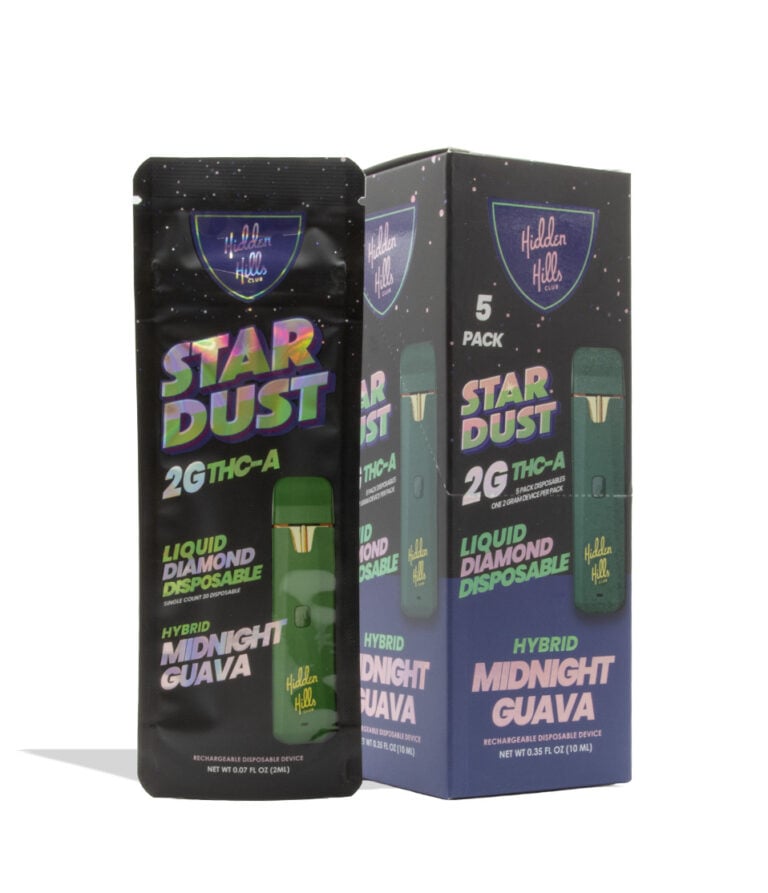 Hidden Hills Stardust 2g Liquid Diamond THC-A Disposable 5pk Midnight Guava on white background