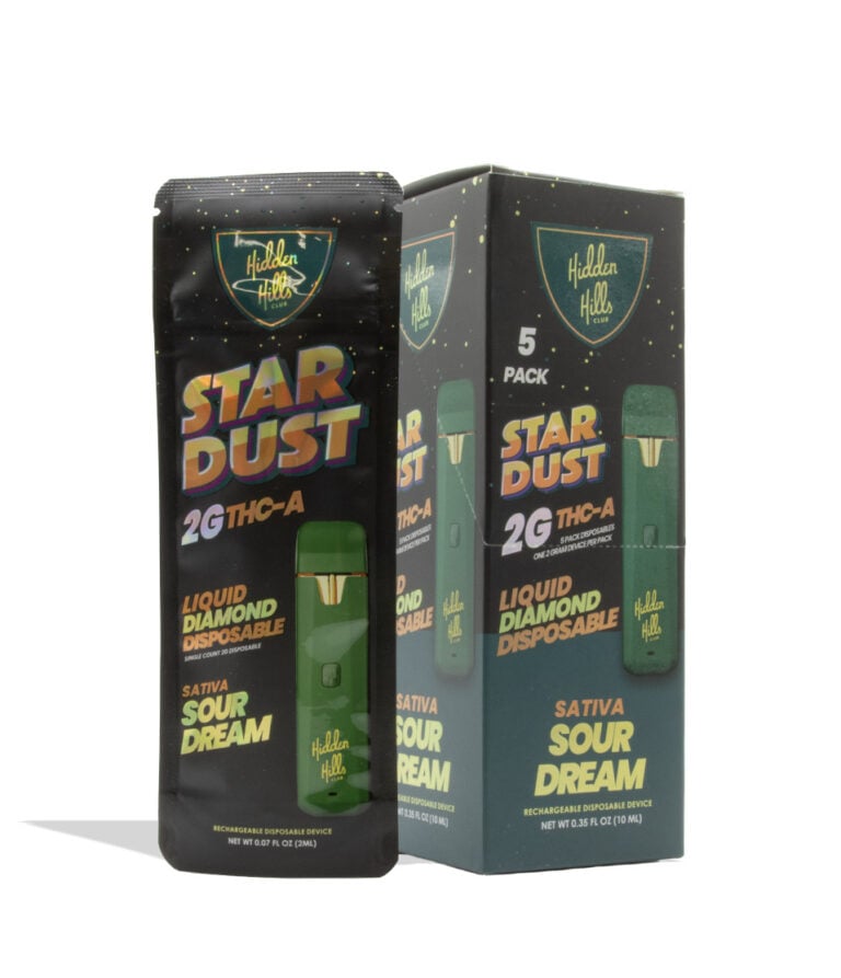 Hidden Hills Stardust 2g Liquid Diamond THC-A Disposable 5pk Sour Dream on white background