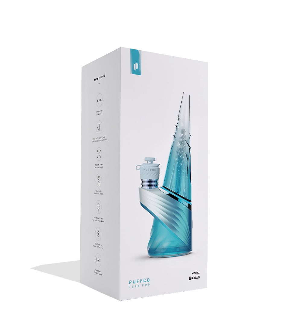 Puffco Peak Pro Limited Edition Glacier Concentrate Vaporizer with 3DXL Atomizer packaging on white background