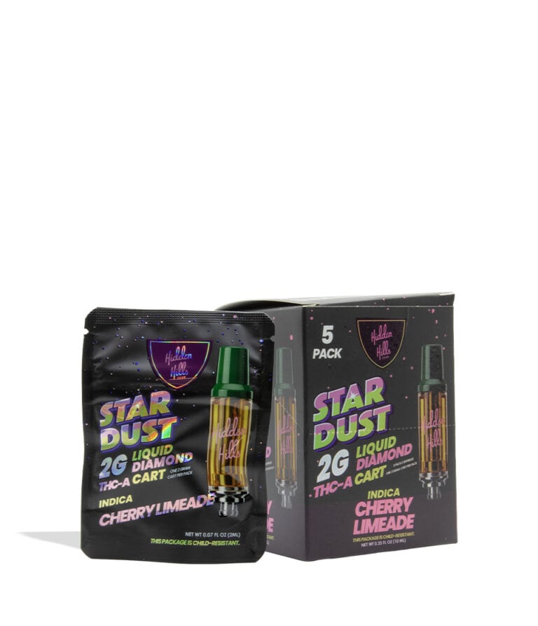 Hidden Hills Stardust 2g Liquid Diamond THC-A Cartridge 5pk Cherry Limeade on white background
