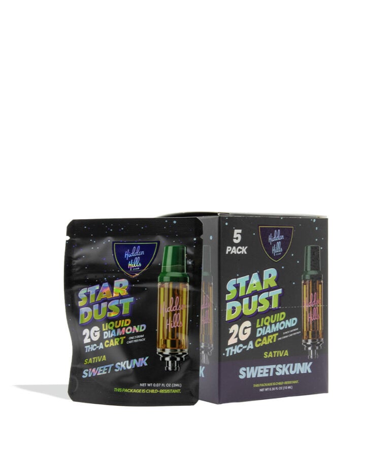 Hidden Hills Stardust 2g Liquid Diamond THC-A Cartridge 5pk Sweet Skunk on white background
