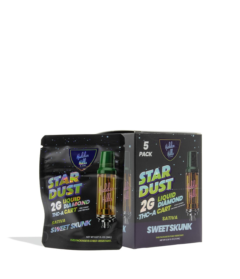 Hidden Hills Stardust 2g Liquid Diamond THC-A Cartridge 5pk Sweet Skunk on white background